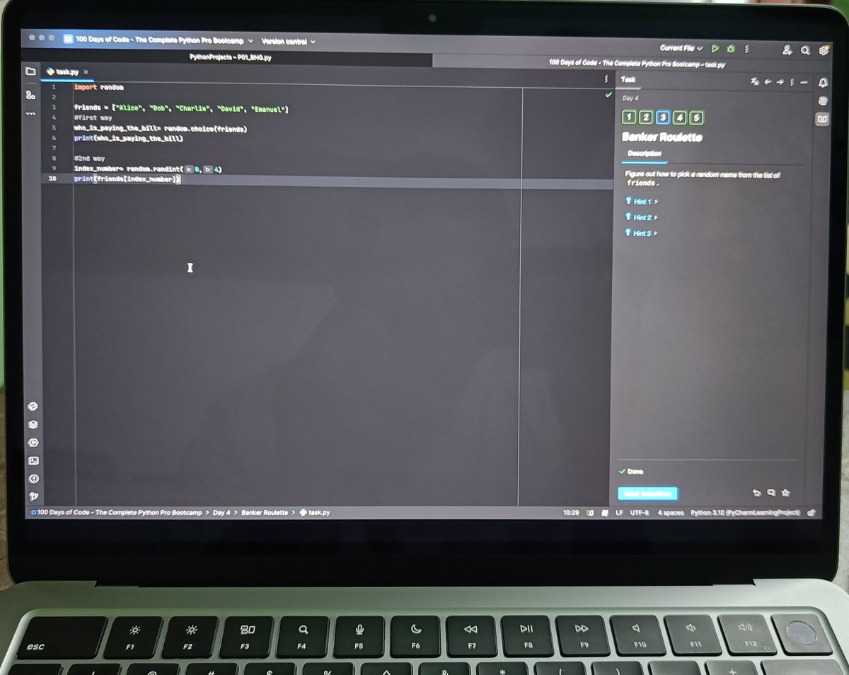 Mohit_HR_34's tweet image. Day 4/100 of #100DaysOfCode! 🚀
Today was about adding unpredictability and structure.
- Generating numbers with the `random` module.
- Organizing data with Python Lists.
- Handling `IndexError` and nested lists.
A powerful combination! On to Day 5.
#Python #Coding #LearnToCode