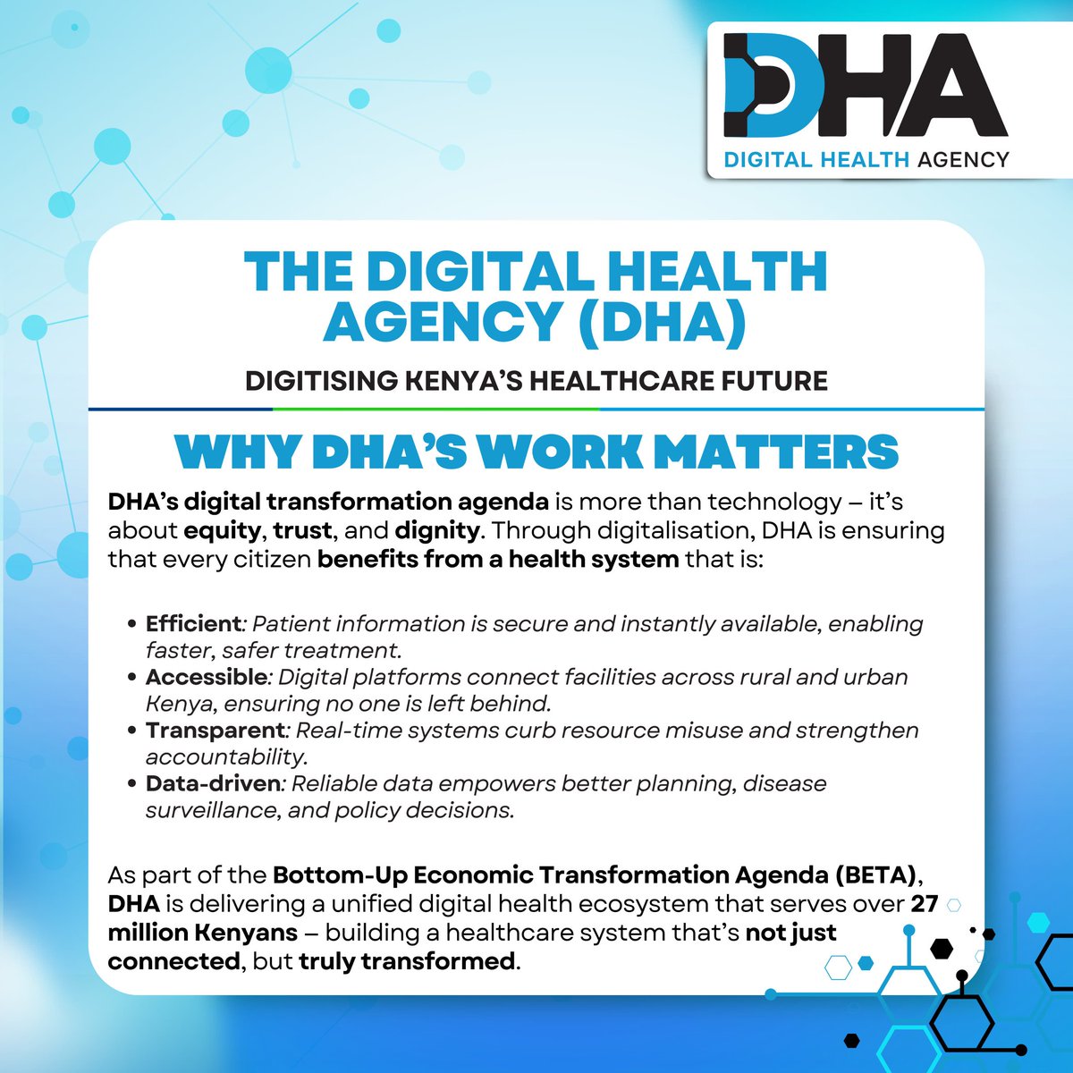𝐃𝐲𝐧𝐚𝐬𝐭𝐲_045 🇰🇪🇺🇸 (@kevo_atandi) on Twitter photo Kenya’s Digital Health Authority (DHA) is building a smart, data-powered healthcare ecosystem where digital records drive better planning, early diagnosis, and evidence-based decision-making.
DHA #DigitalHealthAgency Future Ni Mneti Kenya’s Digital Health Authority (DHA) is building a smart, data-powered healthcare ecosystem where digital records drive better planning, early diagnosis, and evidence-based decision-making.
DHA #DigitalHealthAgency Future Ni Mneti