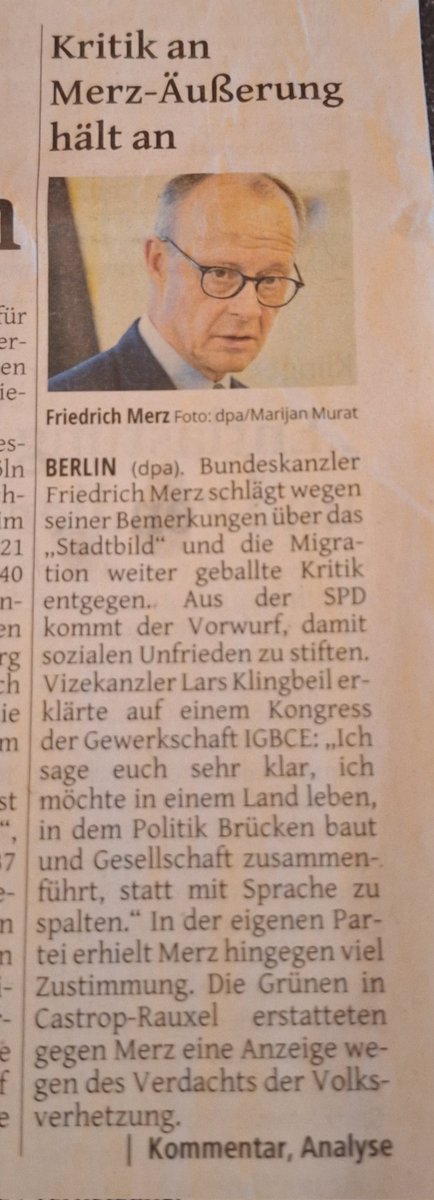 Nach meiner Lebenswahrnehmung hätte man hier schreiben müssen "Merz erhält Zuspruch von fast jedem random Bürger. Kritik kommt fast ausschließlich aus den linksgrünen Elfenbeintürmen.", aber okay. 🫠