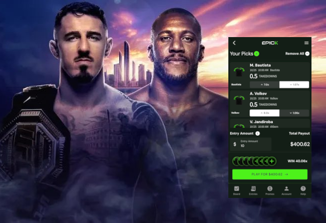 Huge UFC event from Abu Dhabi‼️

An EPICK day of knockouts, takedowns, and strikes coming early today!

Aspinall vs Gane
Jandiroba vs Dern
Nurmagomedov vs Bautista
Volkov vs Almeida
Rakic vs Murzakanov

Lock'em in before prelims at 10 am ET

🤜💥 -&gt; epickfantasy.com