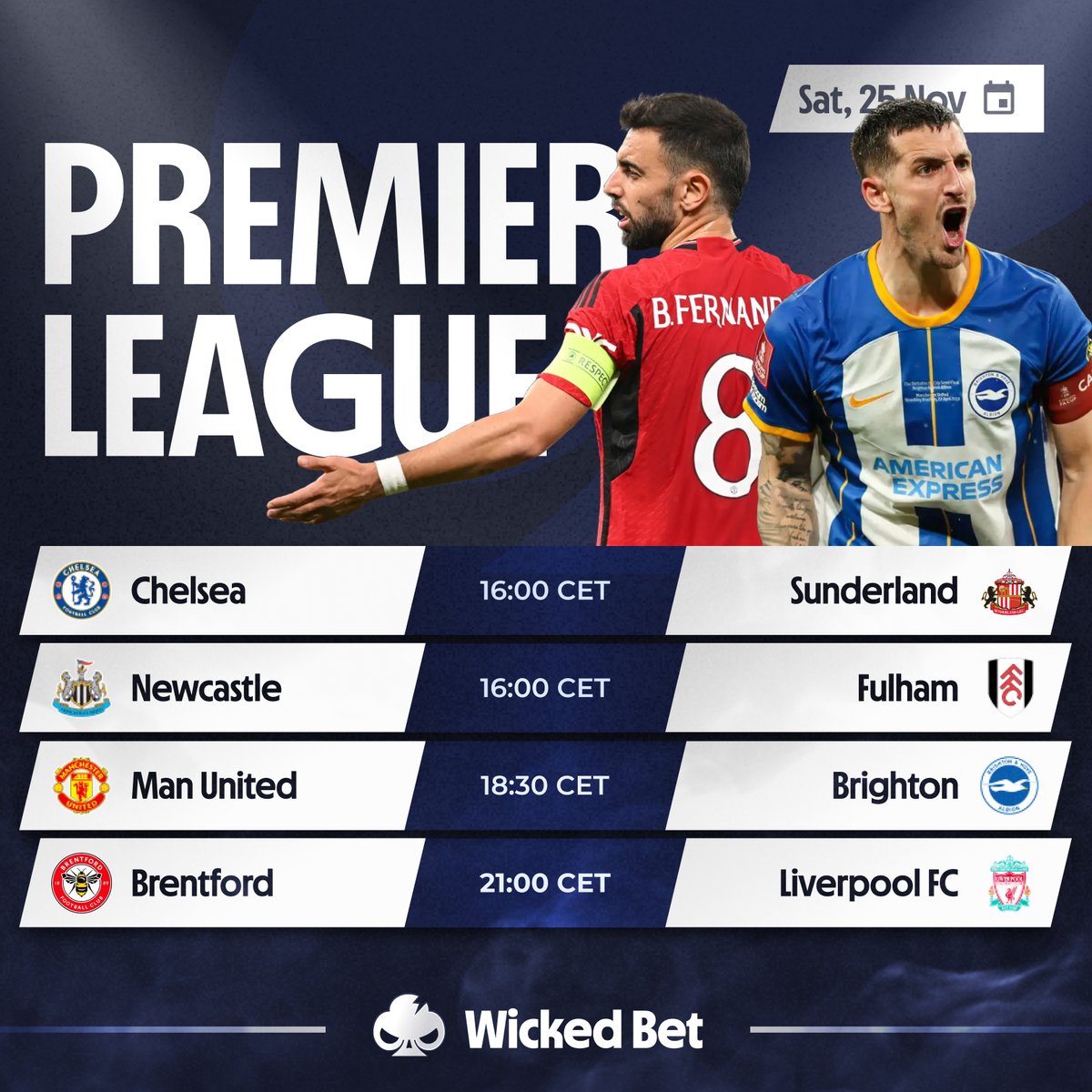 Premier League Saturday ⚽️

Four interesting games are on the schedule today, who’s your pick to take the win?

Bet now on WickedBet and turn today’s matches into your winning moment 🔥

Don’t just watch the games, profit from them. 💰
wickedbet.com/en/sports