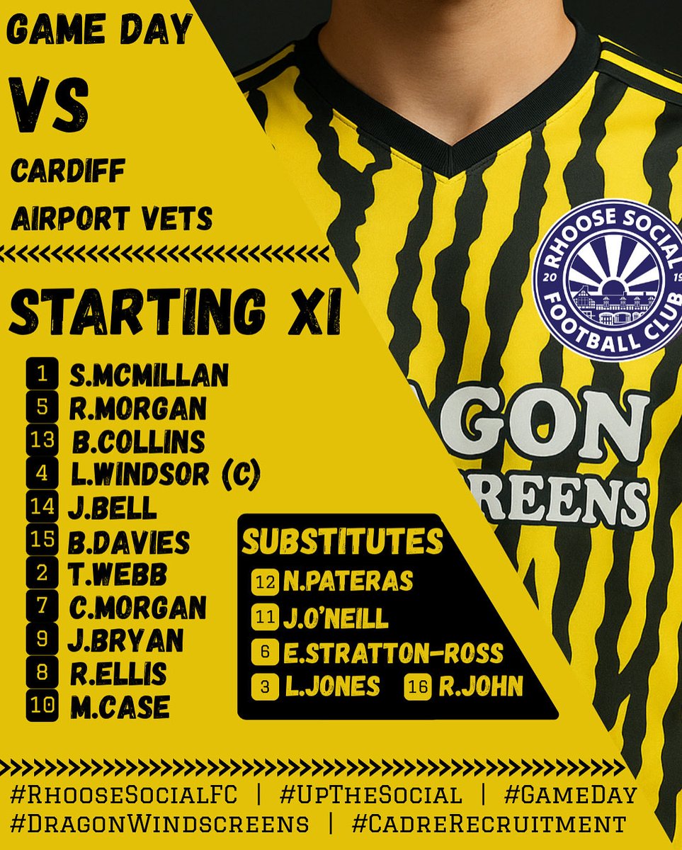 📋 Starting XI | Cardiff Airport Vets 🆚 Rhoose Social FC

The lads are ready to go as we look to build on recent performances away at Ceri Road.

💛 Wearing yellow today
⏰ Kick-off: 2PM
📍 Ceri Road

Let’s get it, Social! 💪⚽️

#RhooseSocialFC #Matchday #UpTheSocial
