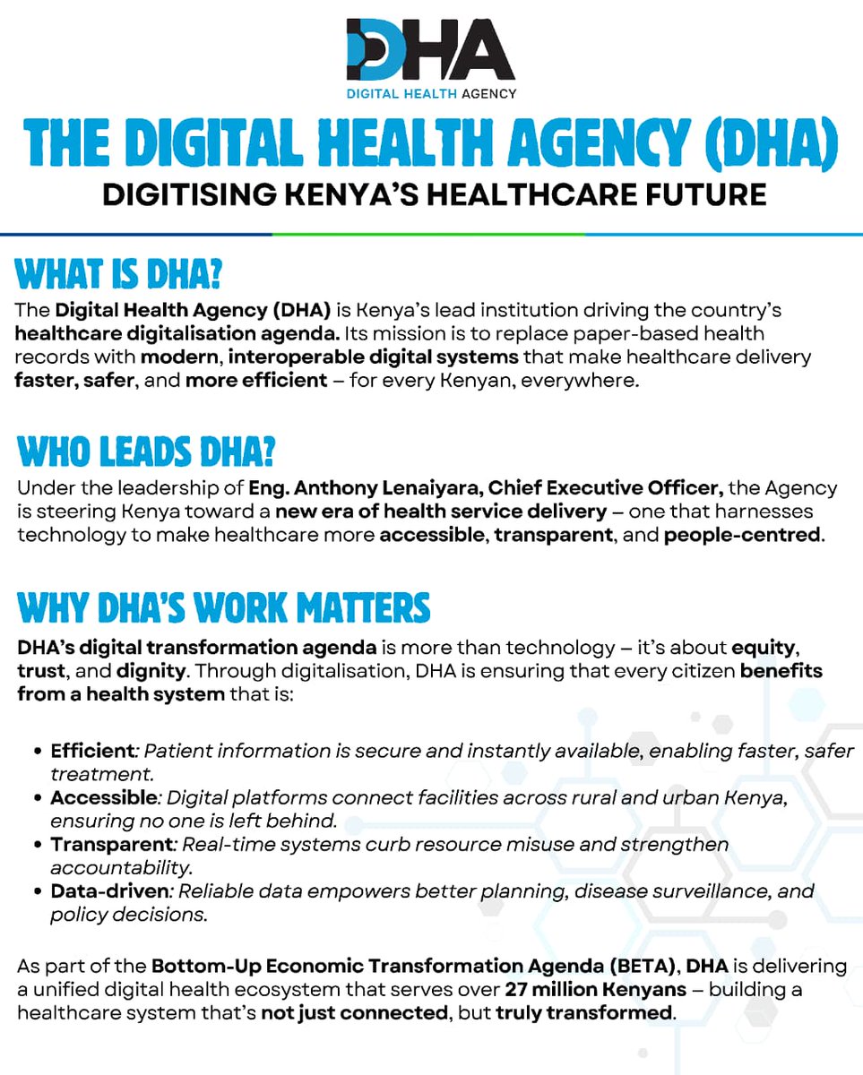 𝐃𝐲𝐧𝐚𝐬𝐭𝐲_045 🇰🇪🇺🇸 (@kevo_atandi) on Twitter photo A data-driven health system means smarter planning, faster response to diseases, and stronger public health protection. DHA ensures every dataset fuels progress.
DHA #DigitalHealthAgency Future Ni Mneti A data-driven health system means smarter planning, faster response to diseases, and stronger public health protection. DHA ensures every dataset fuels progress.
DHA #DigitalHealthAgency Future Ni Mneti