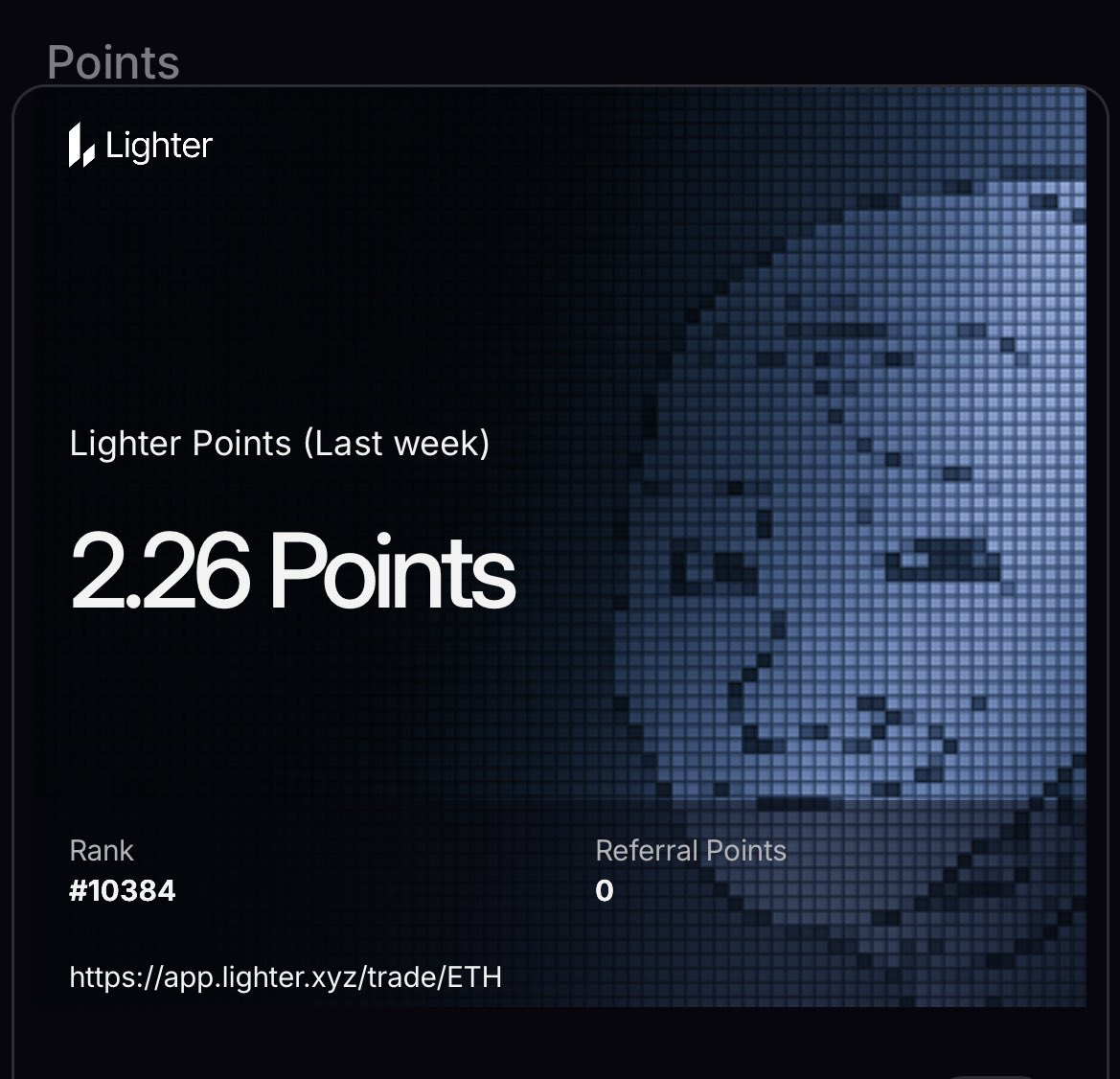 GM CT.

Grind!

Win!

Repeat!

Seeing some funny Lighter stats on the timeline😭

I got 2 points btw. It’s really confusing to tell what I did cause of the new snapshot being on Tuesdays.

Still lowkey waiting for some <a href="/brevis_zk/">Brevis</a> x <a href="/Lighter_xyz/">Lighter</a> collab.