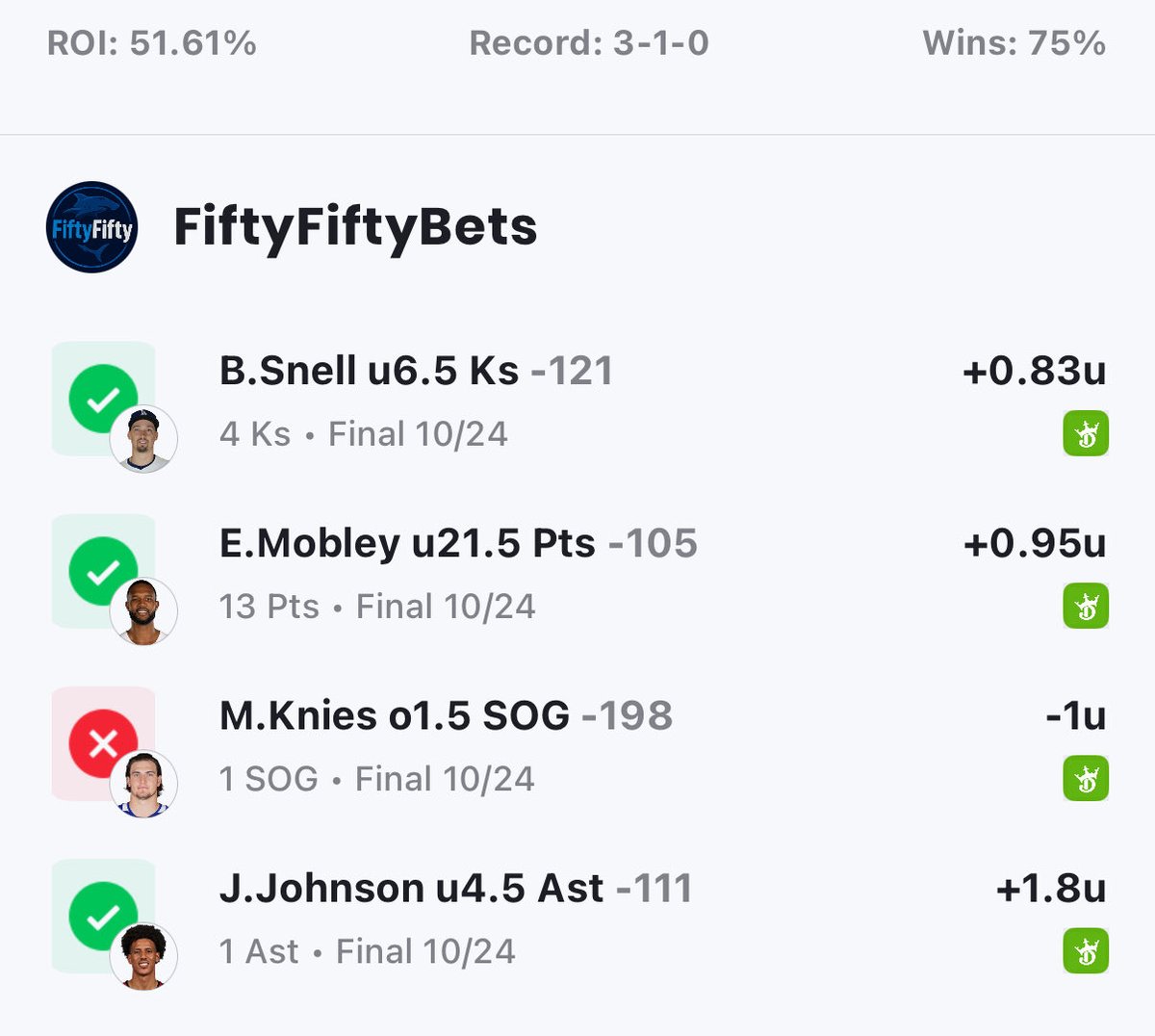 FiftyFiftyDFS's tweet photo. Another profitable day  💰

🔹 Record: 3-1 (+2.58u)
🔹 ROI: 51.6%
🔹 Win Rate: 75%

Another day, another sharp card hitting 💪

Join the team &amp; start stacking +EV bets with us 👇
https://t.co/d7y62ZylxP

#SportsBetting #Gambling𝕏 #PlayerProps #SportsPicks #BettingCommunity https://t.co/Q5iovtUuMP