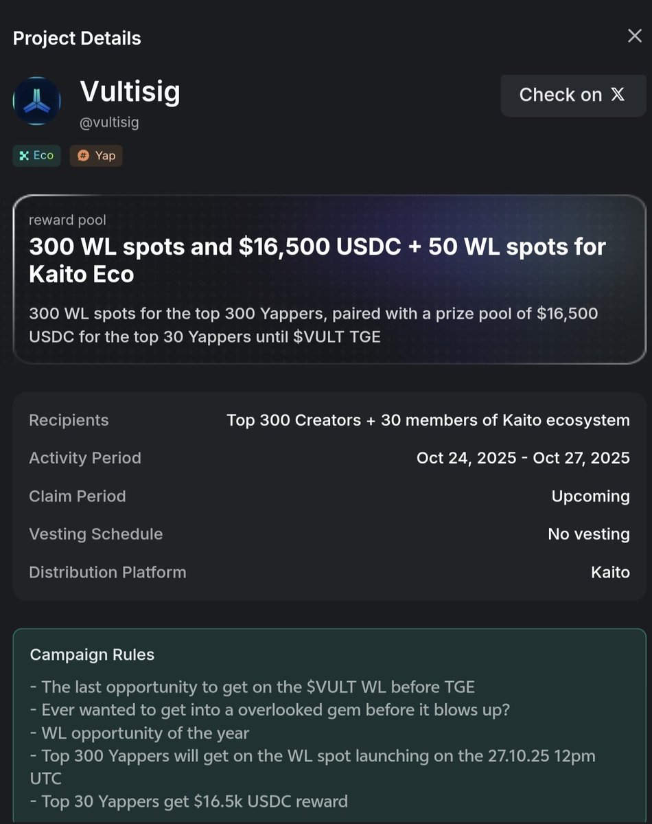 New event on kaito 
<a href="/vultisig/">Vultisig</a>  

What is $VULT?

If you use crypto, one thing matters most: security.
<a href="/vultisig/">Vultisig</a> makes that simple.

• No need to write down seed phrases. It splits your key into “vault shares” you can store anywhere.
• Works on Bitcoin, Ethereum, Solana,