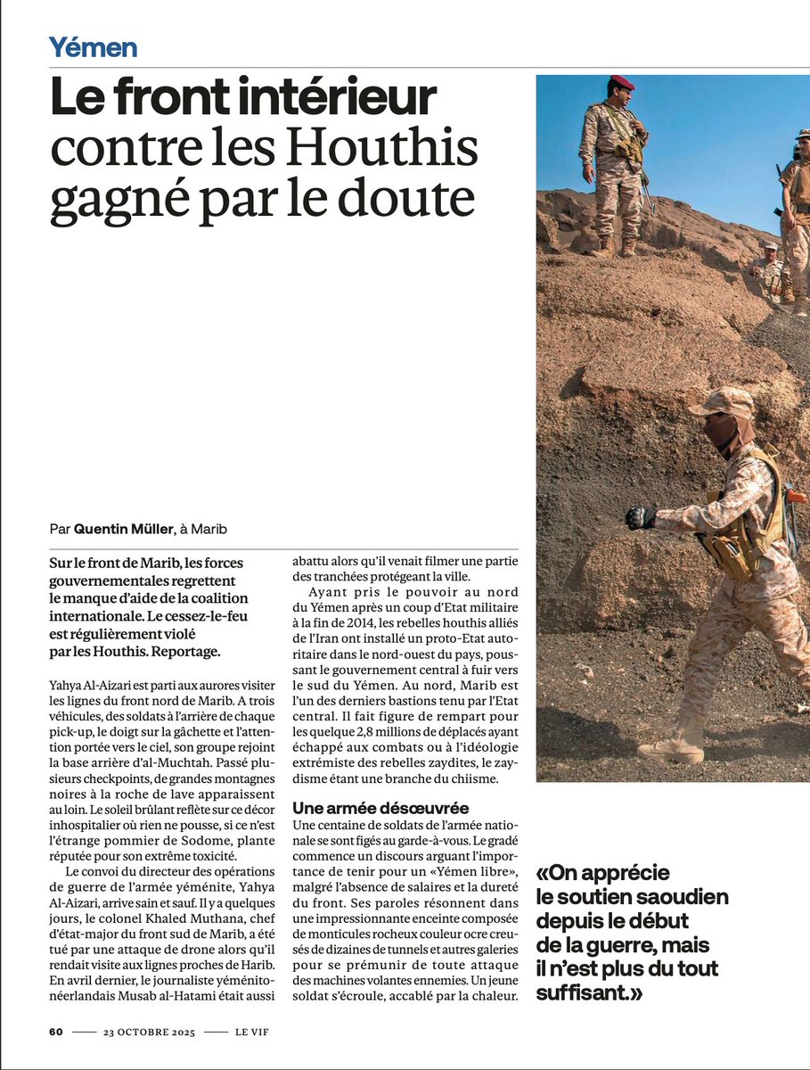 MllerQuentin's tweet photo. Dans @LeVif, mon #reportage sur les lignes de front yéménites à #Marib. Forces tribales et armée nationale résistent tant bien que mal aux attaques de drone #houthies. Le cessez-le-feu tacite profite clairement aux rebelles qui le violent constamment. https://t.co/UD3bY5aVsc
