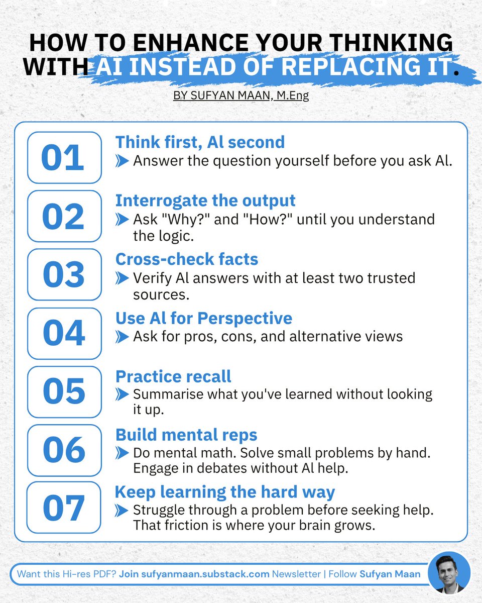 sufyanmaan's tweet image. AI is making us dumber.
But there’s a way to fight back (Read this if you use ChatGPT a lot).
At first, it was just a feeling.
Then I heard others say it.
Finally, I found a study I can’t stop thinking about: