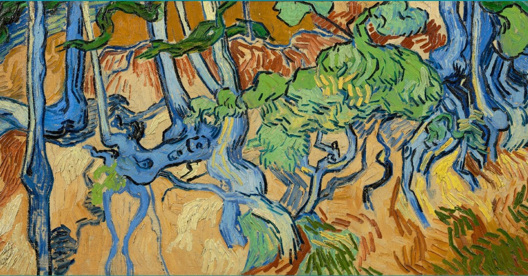 vangoghmuseum's tweet image. In this painting of an overgrown plot of land, Van Gogh tightly cropped his composition, using patches of colour for the ground cover and long stripes for the tree trunks. The spot where he painted ‘Tree Roots’ (1890) was identified using a postcard from 1900 (2)🌳.