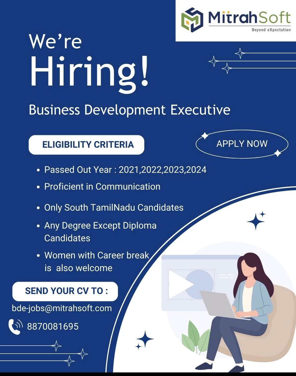 PV_SURENDAR's tweet image. 📢 Exciting hiring Opportunity!
🏢 Company: @MitrahSoft
🧑💻 Position: Business Development Executive
🎓 Batch: 2021, 2022, 2023, 2024
📍 Location: Madurai
🖇️ Send your resume to:
bde-jobs@mitrahsoft.com
