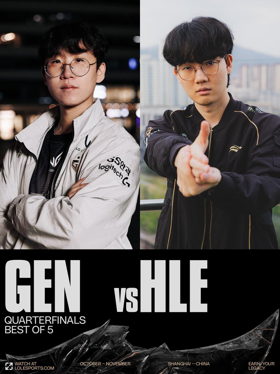 LoL Esports (@lolesports) on Twitter photo #WORLDS2025 QUARTERFINALS MATCHUP:
<a href="/GenG/">Gen.G Esports</a> versus <a href="/HLEofficial/">Hanwha Life Esports</a>! #WORLDS2025 QUARTERFINALS MATCHUP:
<a href="/GenG/">Gen.G Esports</a> versus <a href="/HLEofficial/">Hanwha Life Esports</a>!