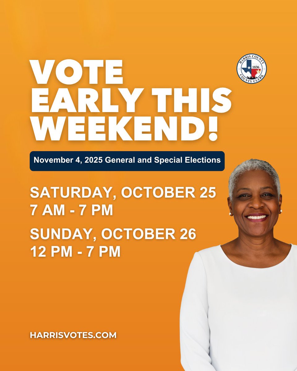 Day 6 of Early Voting for the November 4, 2025, General &amp; Special Elections! 🗳️✅
Your vote matters! Make it heard this weekend. Find your sample ballot and more at HarrisVotes.com.
#HarrisCountyClerksOffice #HarrisVotes #YourVoteMatters