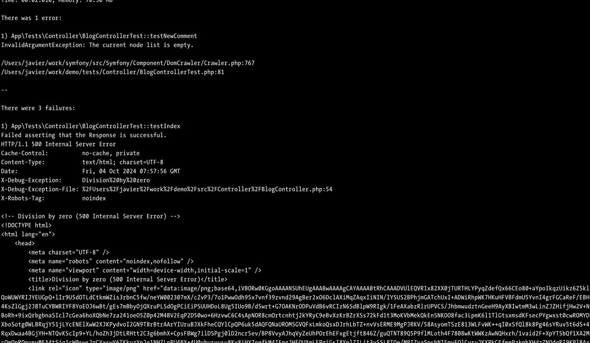 chalas_r's tweet image. Tired of having to scroll down full HTML contents in your CI output just to figure out what actually breaks your functional tests? Or forcing your coding agent to do so by sending them big messy payloads?
As of #Symfony 7.4, functional tests’ error rendering will finally get you…