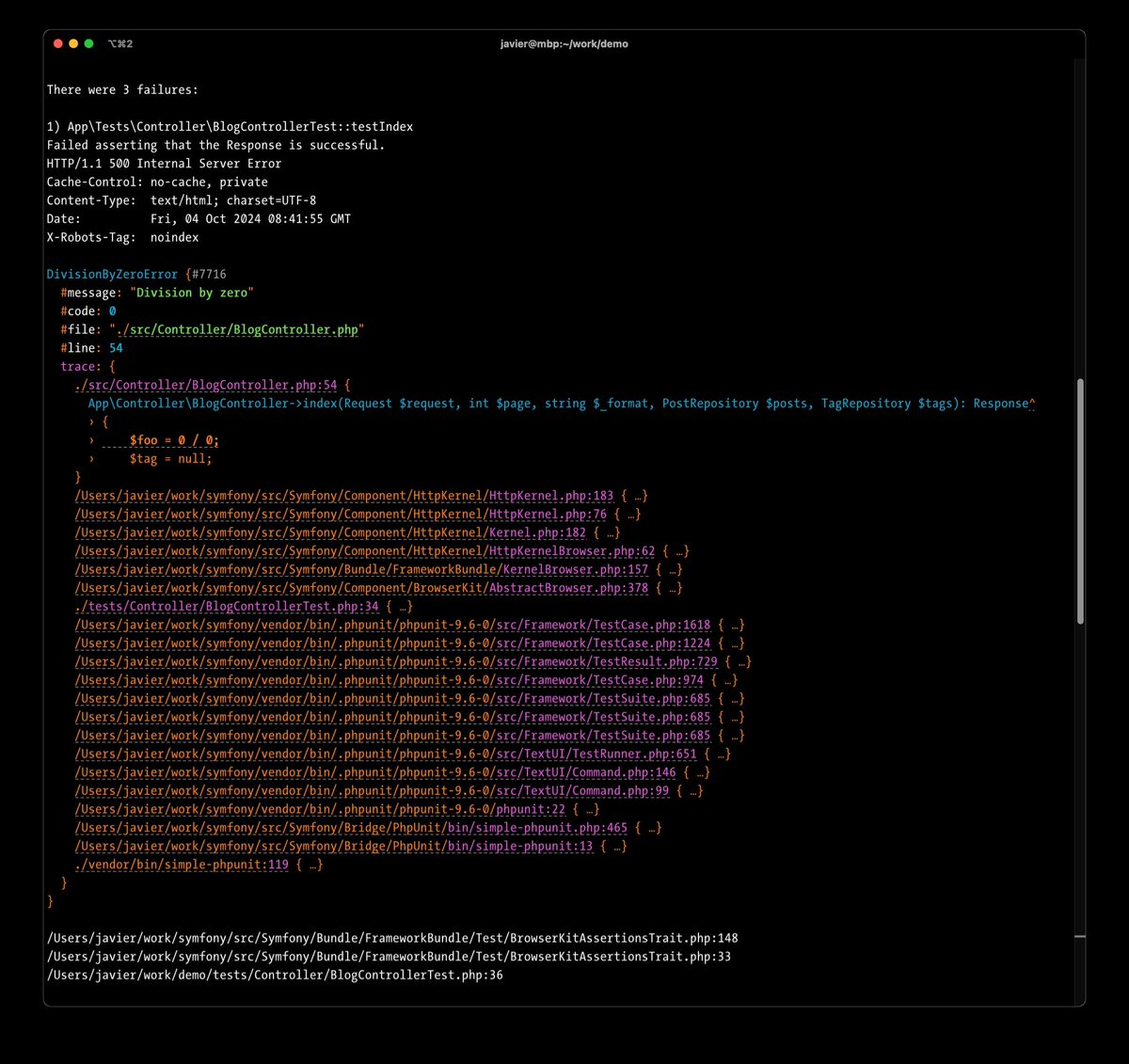chalas_r's tweet image. Tired of having to scroll down full HTML contents in your CI output just to figure out what actually breaks your functional tests? Or forcing your coding agent to do so by sending them big messy payloads?
As of #Symfony 7.4, functional tests’ error rendering will finally get you…