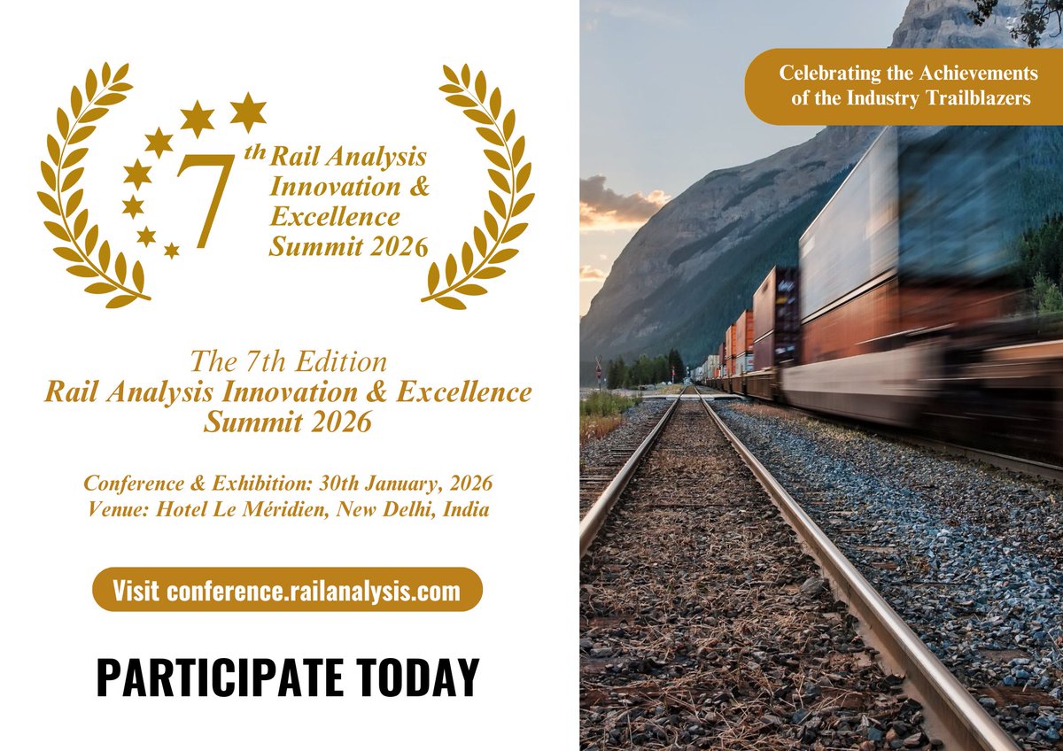 RailAnalysis's tweet image. 🚆 Join the 7th Rail Analysis Innovation &amp;amp; Excellence Summit 2026

📅30th January, 2026
📍Hotel Le Méridien, New Delhi
🌐conference.railanalysis.com

#RailAnalysis #RailwayIndustry #MetroRail #RailTechnology #SmartMobility #RailInfrastructure #RailConference #InnovationAndExcellence
