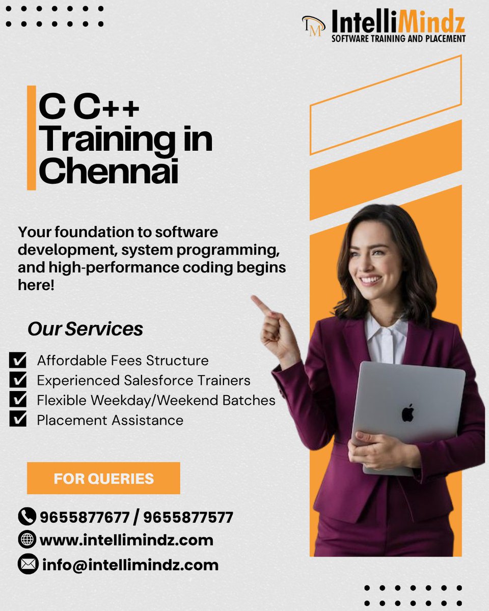 intellimindz_in's tweet image. Build your programming foundation with Intellimindz C &amp; C++ Training in Chennai! Master logic, syntax &amp; problem-solving skills.
📞+91 9655877677 | 📷 intellimindz.com
#CProgramming #CPlusPlus  #Intellimindz #LearnToCode #ProgrammingBasics #CareerGrowth #ITTraining