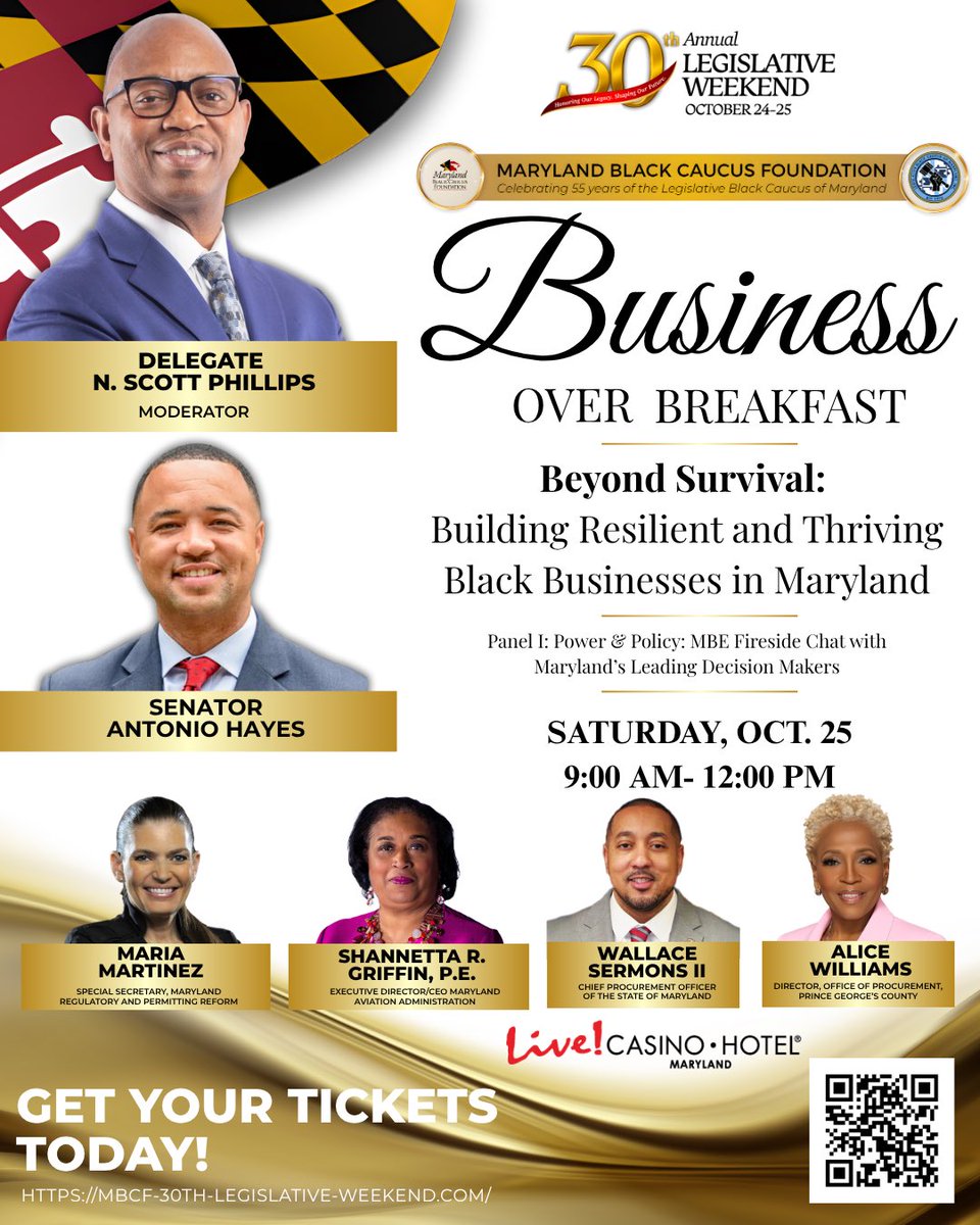AntonioHayes40's tweet image. This morning join @MDBLACKCAUCUS members and the Maryland Legislative Black Caucus of Maryland Foundation mdblackcaucusfoundation.org Buisiness Over Breakfast @LiveCasinoMD