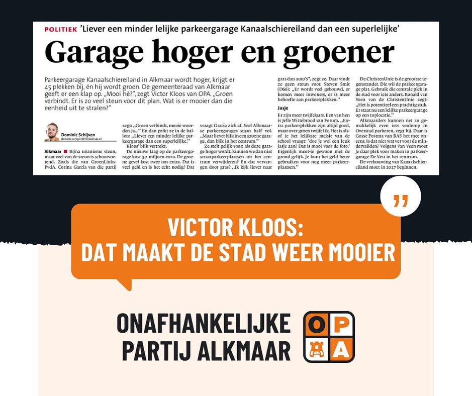 KSE garage wordt groen

OPA is blij dat er een etage bovenop deze garage komt. Fijn voor bezoekers en bewoners, mooi is dat de garage met echt groen er tegenaan zal worden opgeleverd. “Dat maakt de stad weer mooier”, aldus Victor Kloos.