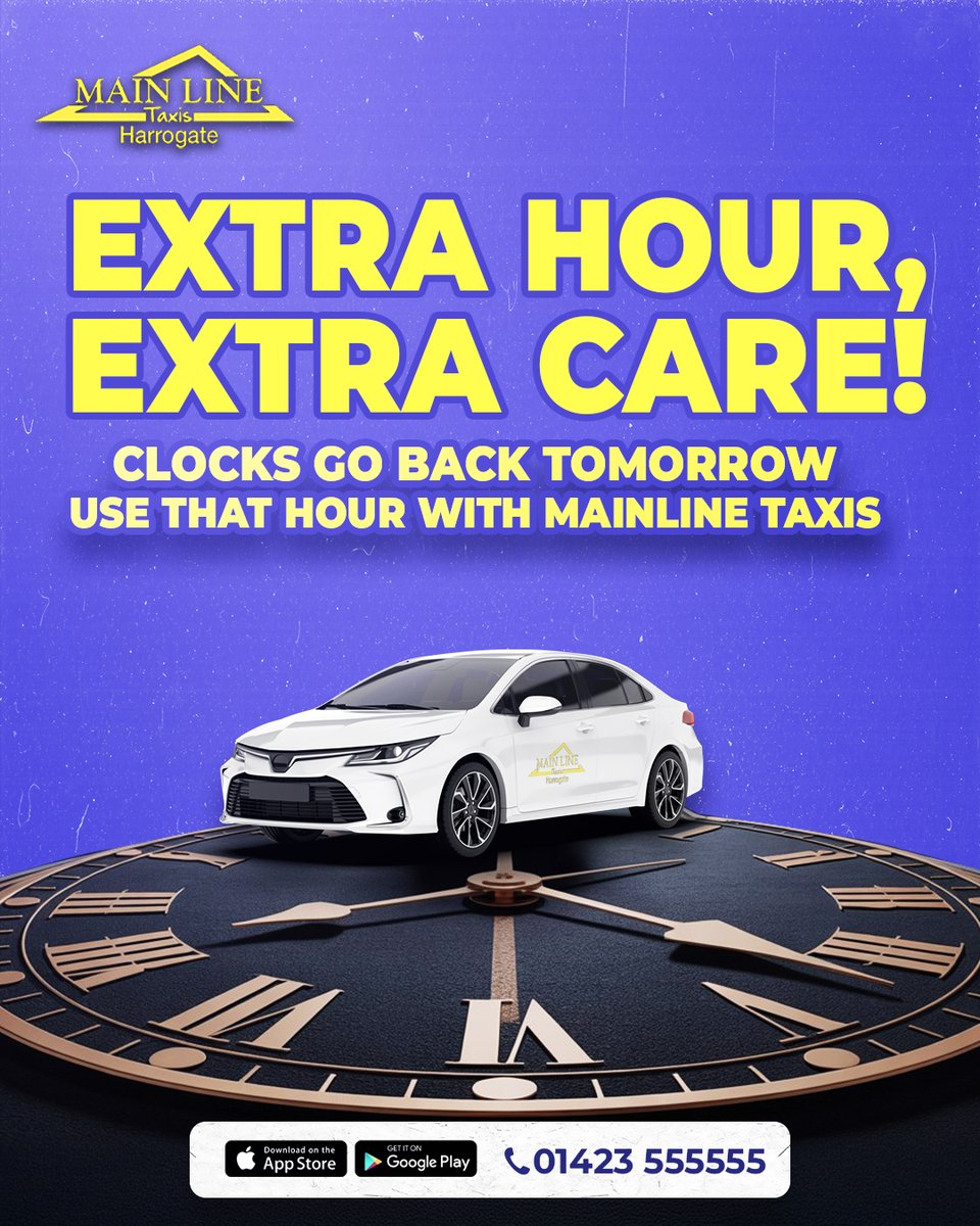 MainlineTaxis's tweet image. The clocks go back tomorrow, but our service stays prompt 🚖

Book via our app or website for reliable travel day or night.

📲 Download our app: bit.ly/MainlineTaxis 
📞 01423 555555
🌐 mainlinetaxis.co.uk/travel-account…
.
.
.
.
.