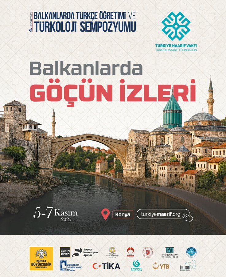 Poster design with title Balkanlarda Gocun I zleri in large red and black letters above an image of a stone bridge over a river flanked by green domed buildings and cityscape on a white background event details 5-7 Kasim 2023 location pin for Konya and website turkmaariforg logos of sponsors including Tika YTB and others at the bottom