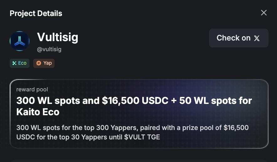 3 days left till the end of <a href="/vultisig/">Vultisig</a> campaign 

▫️300 WL spots
▫️$16,500 in USDC rewards
▫️+ 50 WL spots for Kaito Eco

If you’re in the <a href="/KaitoAI/">Kaito AI 🌊</a> ecosystem, this is your moment to act - don’t sleep on it.

And if you’re joining the presale, make sure to use <a href="/BitgetWallet/">Bitget Wallet 🩵</a> for a