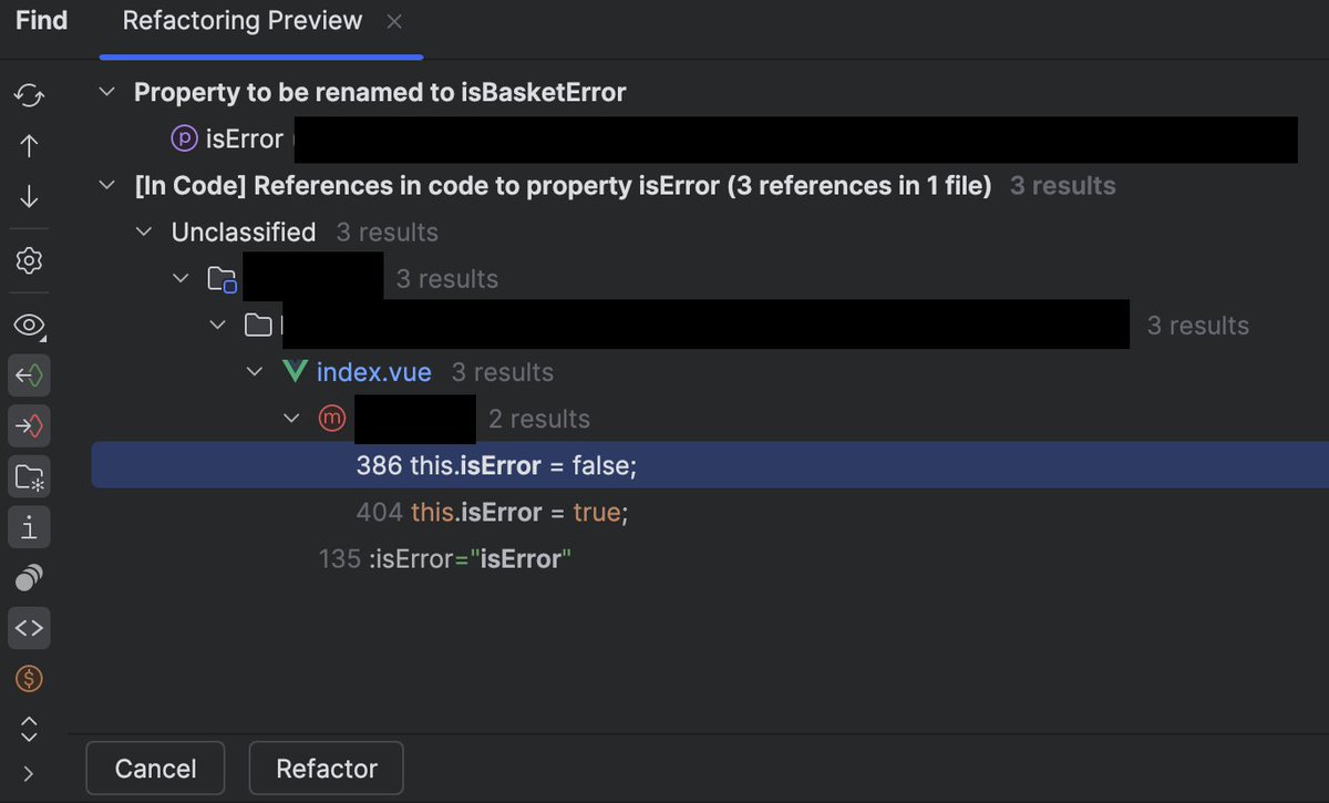 ivanhoe011's tweet image. Hey @phpstorm I keep having this bug when renaming some variable or object property in javascript files: it finds targets fine and will work flawlessly like 9 of 10 times - but then out of blue sometimes will rename absolutely every occurrence of the keyword in the entire project