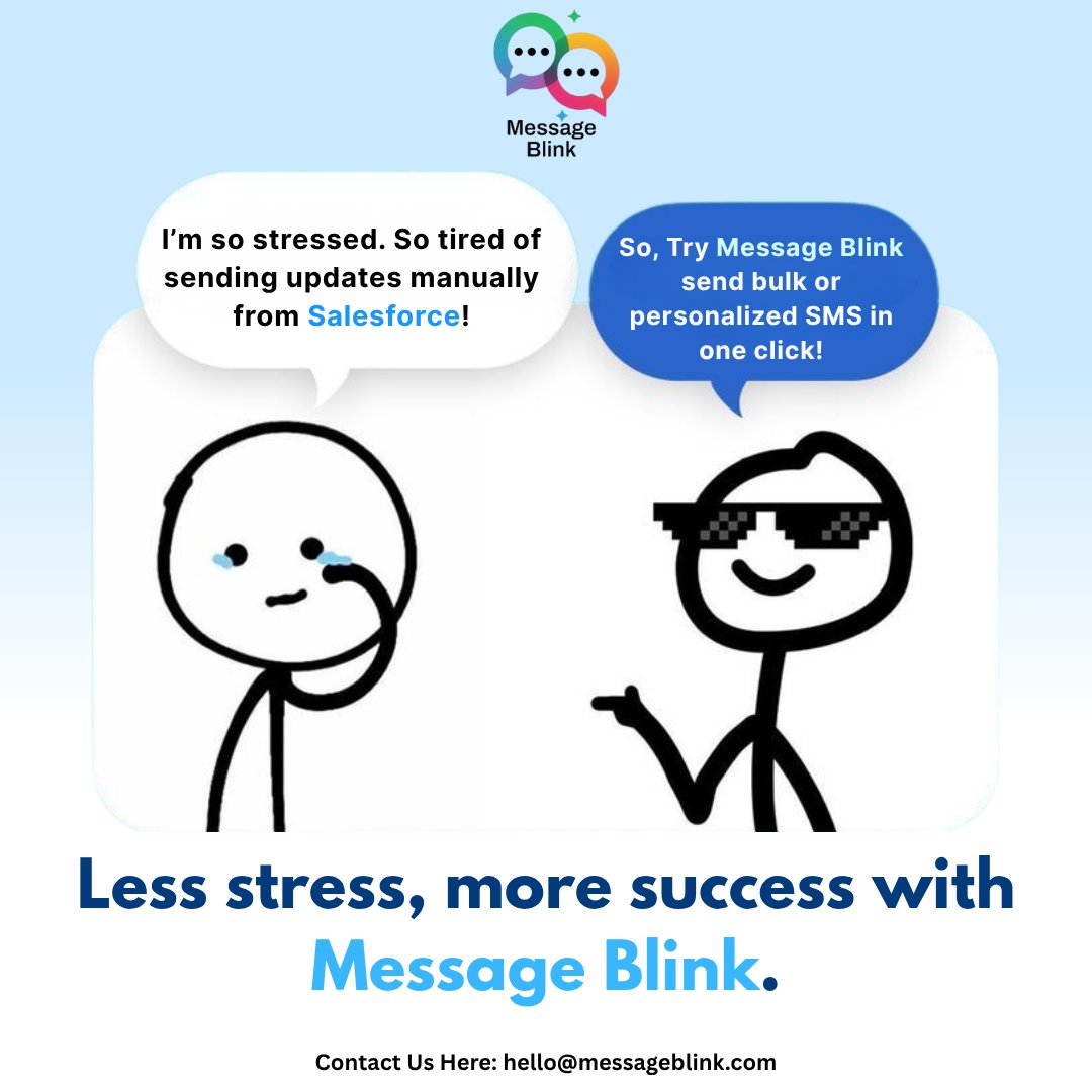 messageblinkk's tweet image. So tired of sending updates manually from Salesforce?  Try Message Blink — send bulk or personalized SMS in one click!  Less stress, more success 👉 messageblink.com #Salesforce #MessageBlink #BulkSMS #Automation