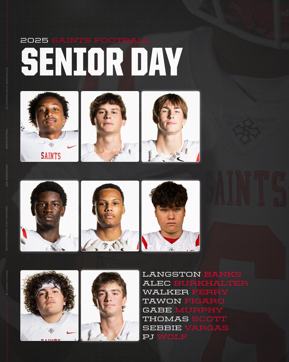IT’S SENIOR DAY!

Join us at 12:30 PM today on Moss field as we honor our 8 senior football players. The Saints face off against Saint John Paul the Great at 1:00 PM in their final regular season home game.

Congrats seniors!
#onesaint
#seniorday