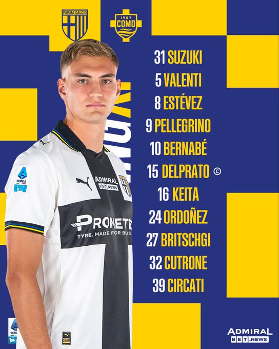 A graphic in yellow and blue team colors displays the starting lineup for Parma Calcio 1913 with player photos and jersey numbers including 31 for Suzuki 5 for Valenti 8 for Estevez 9 for Pellegrino 10 for Bernabe 15 for Del Prato 16 for Keita 24 for Odonne 27 for Britschi 32 for Cutrone and 39 for Circati Yordan Osorio is shown as captain in a white and black striped jersey with Puma and sponsor logos like Promete and Admiral visible on the uniforms.