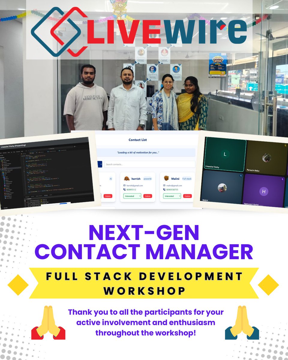 LivewireTrichy's tweet image. 💡 From code to career ,every tag, function, and API call matters!
Our Full Stack Workshop helped learners turn ideas into deployable web apps using React, Node.js, and MongoDB.
Join Livewire Trichy and let your code tell your story!
🔥 #FullStackDeveloper #LearnFullStack