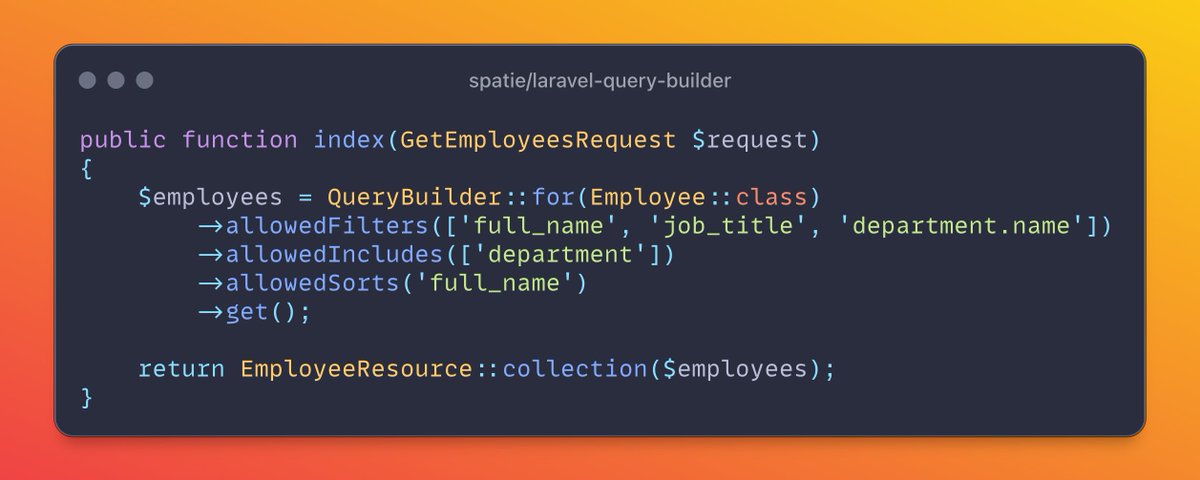 mmartin_joo's tweet image. the easiest way to convert your http requests into mysql queries

including
- filtering
- sorting
- relationships
- sparse fieldsets

meet the spatie/laravel-query-builder package

take a look at this beauty: