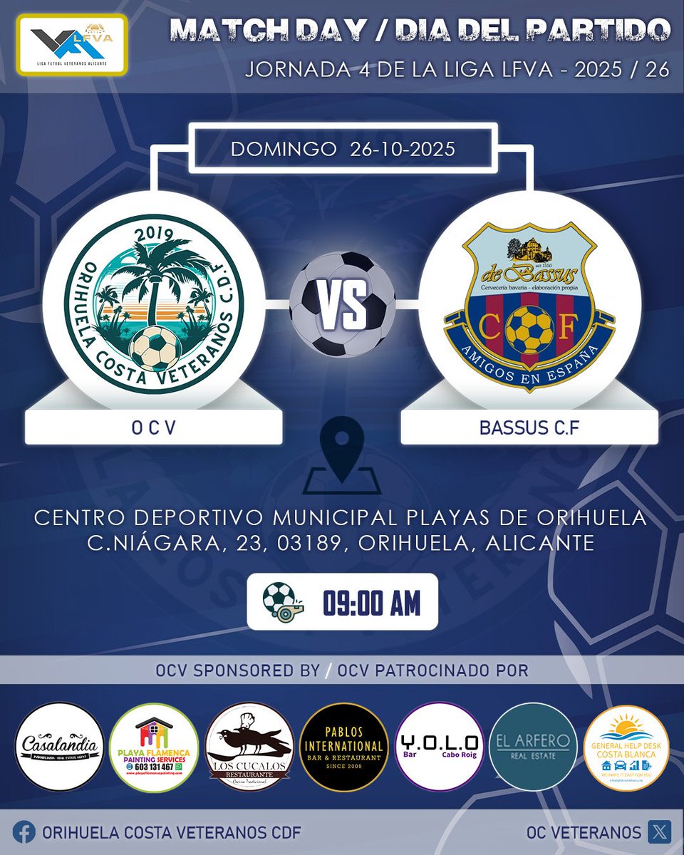 🚨📢 MATCH CONFIRMED 👟⚽

🆚 BASSUS C.F
🏆 #LFVA - Jornada 4
🗓️ 26/10/2025
⌚️ 09.00h.
🏟️ CDM Orihuela Costa
📌 maps.app.goo.gl/eT5eXZWi2SSHPt…

#orihuelacostaveteranos #OCV #orihuelacosta #lazenia #alicante #futbolveteranos #footballtodo