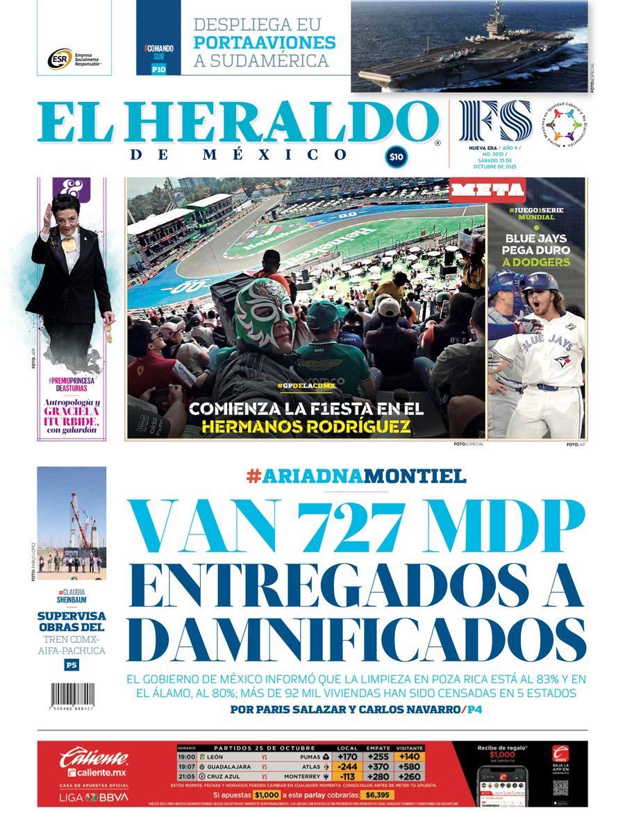 #EnPortada de El <a href="/heraldodemexico/">El Heraldo de México</a> 📰:

🔵 Van 727 mdp entregados a damnificados: Ariadna Montiel
🔵 GP de México: Comienza la fiesta en el Hermanos Rodríguez
🔵 #ClaudiaSheinbaum supervisa obras del tren CDMX-AIFA-Pachuca

➡ bit.ly/34ubeFD