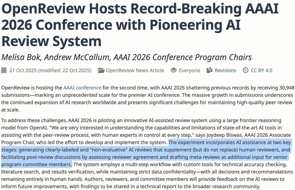 AAAI'26 has adopted AI reviews in two stages of the review process. I agree, we have to handle reviewer overload, but I don't think AI reviews are beneficial at all for our scientific progress.

If our paper gets accepted at #AAAI26, I will review our AI-generated review here 🤠