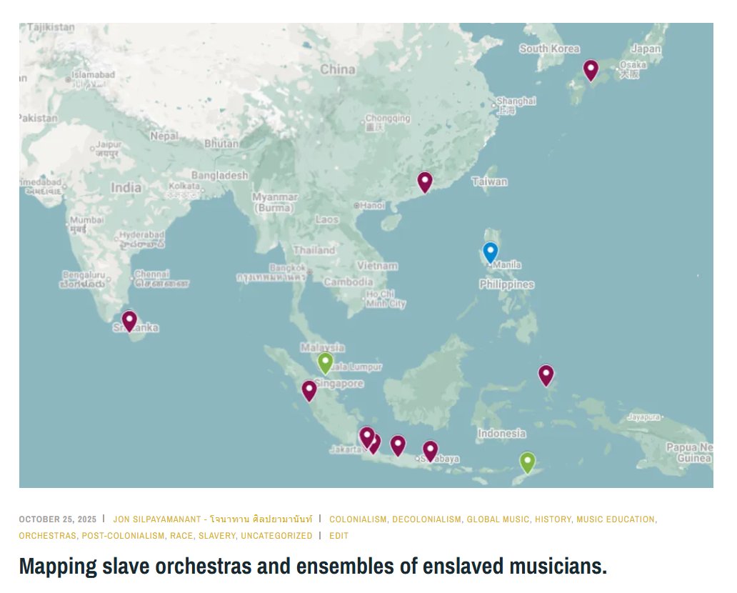 "As I'm compiling a bibliography of primary sources about orchestras and ensembles of enslaved musicians I've decided to map their locations."

silpayamanant.wordpress.com/2025/10/25/map…