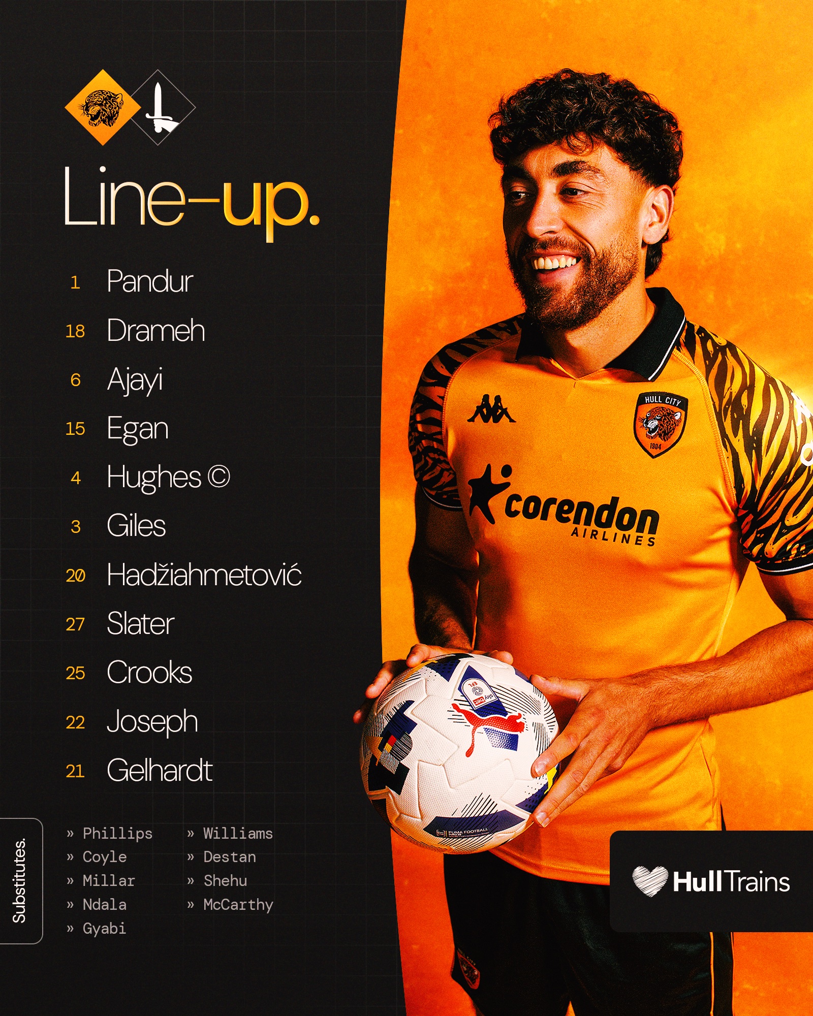 Starting XI vs Charlton Athletic 1 Ivor Pandur 18 Cody Drameh 6 Semi Ajayi 15 John Egan 4 Charlie Hughes Captain 3 Ryan Giles 20 Amir Hadiahmetovi 27 Regan Slater 25 Matt Crooks Pictured 22 Kyle Joseph 21 Joe GelhardtSubs 12 Dillon Phillips 2 Lewie Coyle 7 Liam Millar 19 Joel Ndala 24 Darko Gyabi 30 Brandon Wiliams 39 Enis Destan 57 Aidon Shehu 58 Cathal McCarthyGraphic sponsored by Hull Trains