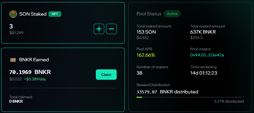 KorShibainu's tweet image. Stake SON, Earn $BNKR 🔥
The first staking pool dried up.  
I claimed 5028 $BNKR, and luckily the price pumped right after.
Plus, I minted my SONs at $11 each, and now they’re sitting at $27 (that’s $87 for 3 SONs) 😎
A new SON staking pool is now live.
If you’re a true $BNKR…