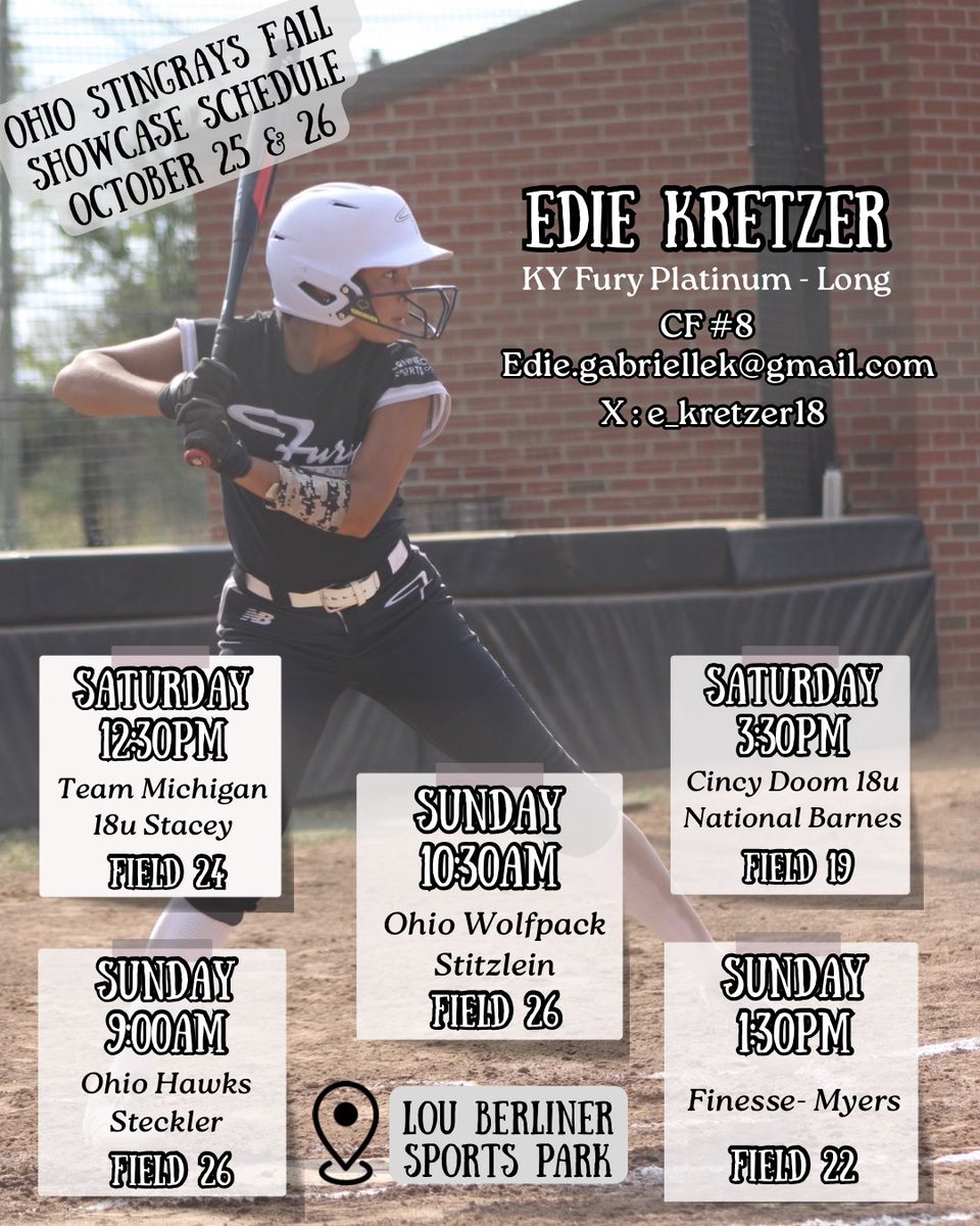 Looking forward to taking the field today for the Ohio Stingrays Fall Showcase!
📍 Columbus, OH
<a href="/OHStingraysShow/">Ohio Stingrays Showcase</a> <a href="/F_PlatinumLong/">KY Fury Platinum Long</a> <a href="/FuryPlatinum/">FuryPlatinumSoftballClub</a>