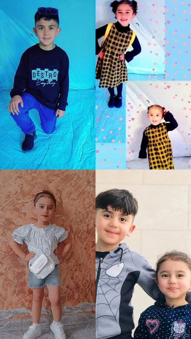 Collage of six portrait photos showing young children in casual clothing. First panel features a boy with sunglasses sitting on blue background wearing blue outfit. Second panel shows a girl lying down in yellow dress on blue background. Third panel depicts a toddler girl in yellow dress standing. Fourth panel has a boy in black shirt with DESTRO text kneeling. Fifth panel displays a girl in white blouse and shorts posing with bag. Sixth panel includes a boy in gray spider-themed shirt and a girl in blue outfit smiling together.