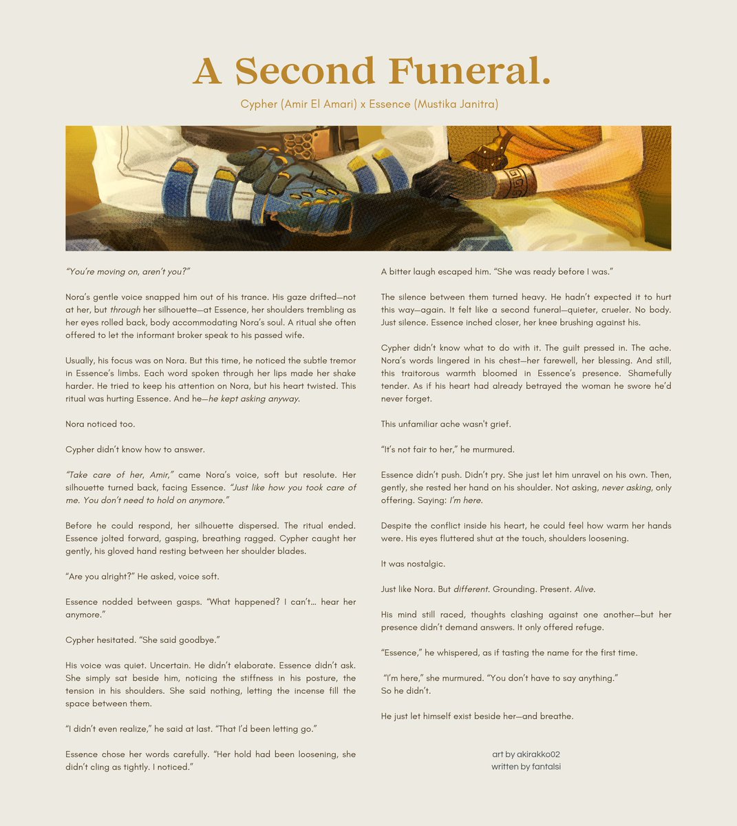 ㅡ☆. A Second Funeral.

When Nora's soul realized Cypher had been moving on, only then had her soul finally walked towards the light.
[ 📸🕯 ㅡ #smokeye ]

—
#OfYouMeAgain #valorant夢
art cr #akirakko02