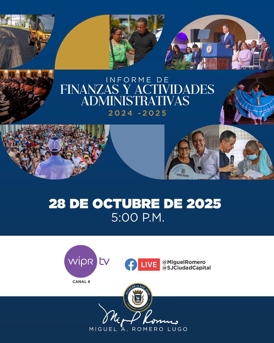 ¡Ponlo en agenda! Este martes, 28 de octubre, rendimos cuentas a nuestra gente.
Vamos a repasar lo que hemos logrado y lo que viene para seguir haciendo de #SanJuan la ciudad que enorgullece a todos.

📺 5:00 p.m. por <a href="/WIPRTV_Oficial/">WIPR TV</a> y Facebook Live.
¡Conéctate y acompáñanos!
