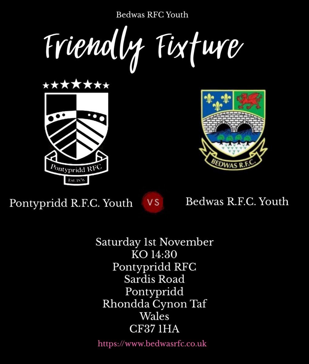 Up next for Bedwas Youth is an away friendly at The House of Pain, Sardis Road. 
Come along and support the boys on the road against <a href="/PontypriddYouth/">Pontypridd RFC Youth</a> in what I’m sure will be a cracking development game for Bedwas Youth ⚫️⚪️
#wassyouth