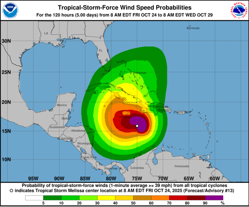 Ante el fortalecimiento de la tormenta 🌀 #Melissa, la <a href="/opsoms/">OPS/OMS</a> está en monitoreo constante de posibles afectaciones a la salud en coordinación con autoridades de Jamaica, Haití, República Dominicana y Cuba.

Imagen de: nhc.noaa.gov

#SaludEnEmergencias #Caribe