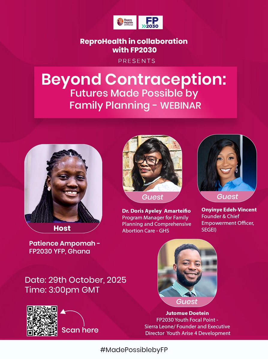 reprohealth1124's tweet photo. Join ReproHealth x FP2030 for “Beyond Contraception: Futures Made Possible by Family Planning” 

🗓 Wednesday, 29th Oct 2025 | 🕒 3:00 PM GMT
Don’t miss this  webinar 

🔗 Scan QR or click the link to join
https://t.co/Oa2AQEZRkb

#MadePossiblebyFP #BeyondContraception https://t.co/KdPJ9wwavK