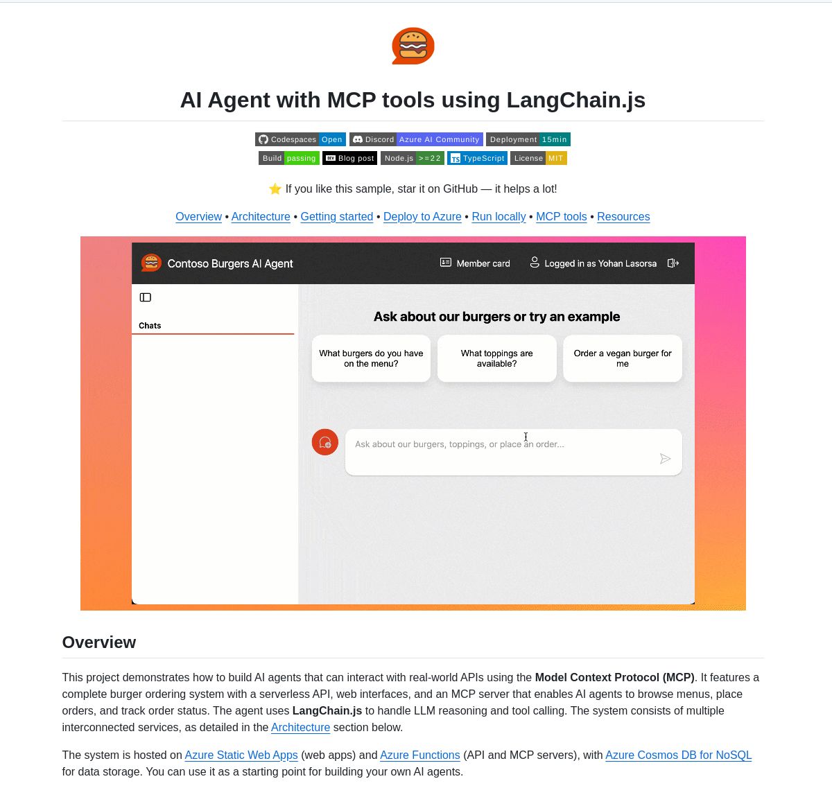 LangChainAI's tweet image. 🍔🤖 MCP Burger Agent
A production-ready AI agent system built with LangChain.js that seamlessly handles burger ordering through MCP tools, web interfaces, and serverless APIs.
Explore the demo and code 👉 github.com/Azure-Samples/…