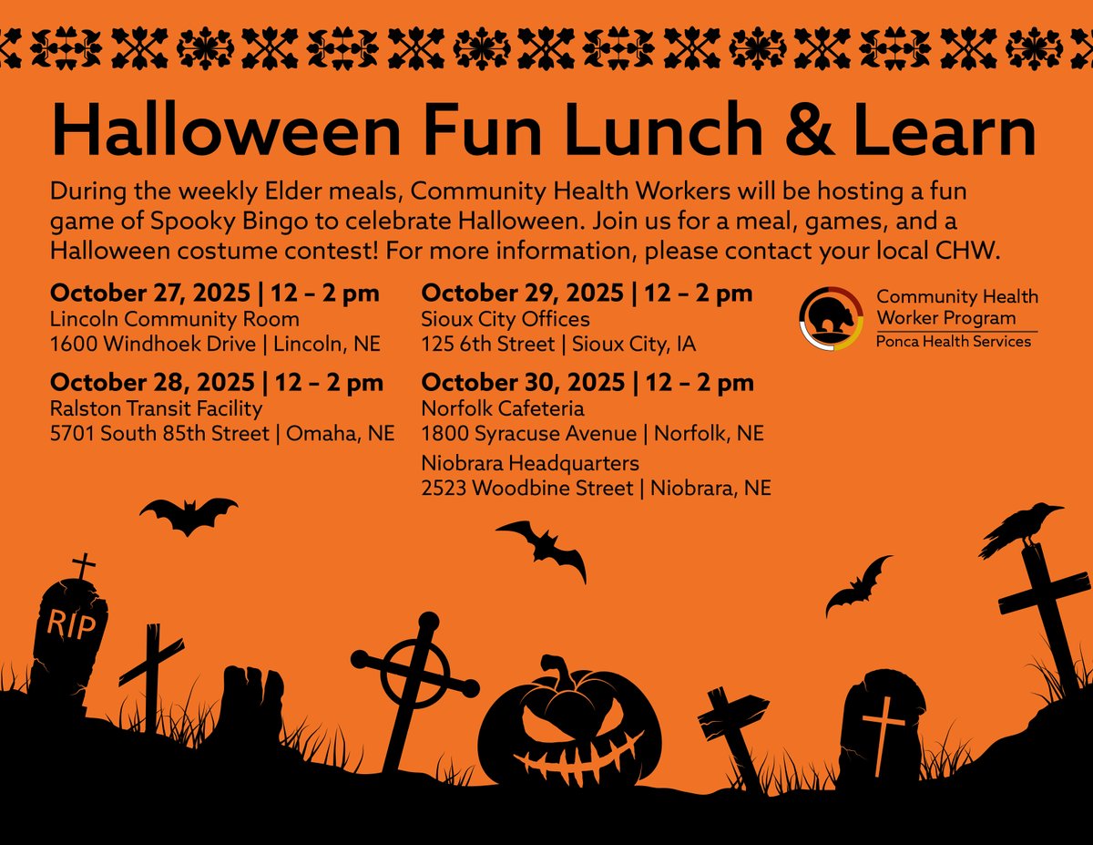During the weekly Elder meals, Community Health Workers will be hosting a fun game of Spooky Bingo to celebrate Halloween. Join us for a meal, games, and a Halloween costume contest! For more information, please contact your local CHW.