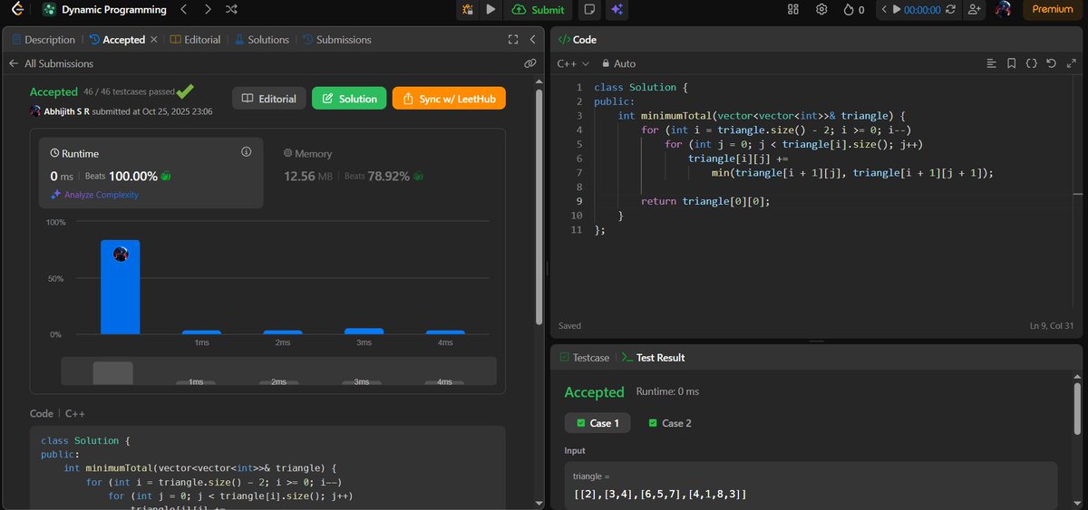 abhijithsr40's tweet image. Day 28/100 ⚔️📊#100DaysOfCode
🧩 DSA:
Solved Dungeon Game ⚔️
Revisited Triangle for deeper DP intuition 🔁
Every new DP problem teaches me how powerful optimization and pattern recognition can be. 🔥
#DynamicProgramming #100DaysChallenge #CodeNewbie #TechJourney