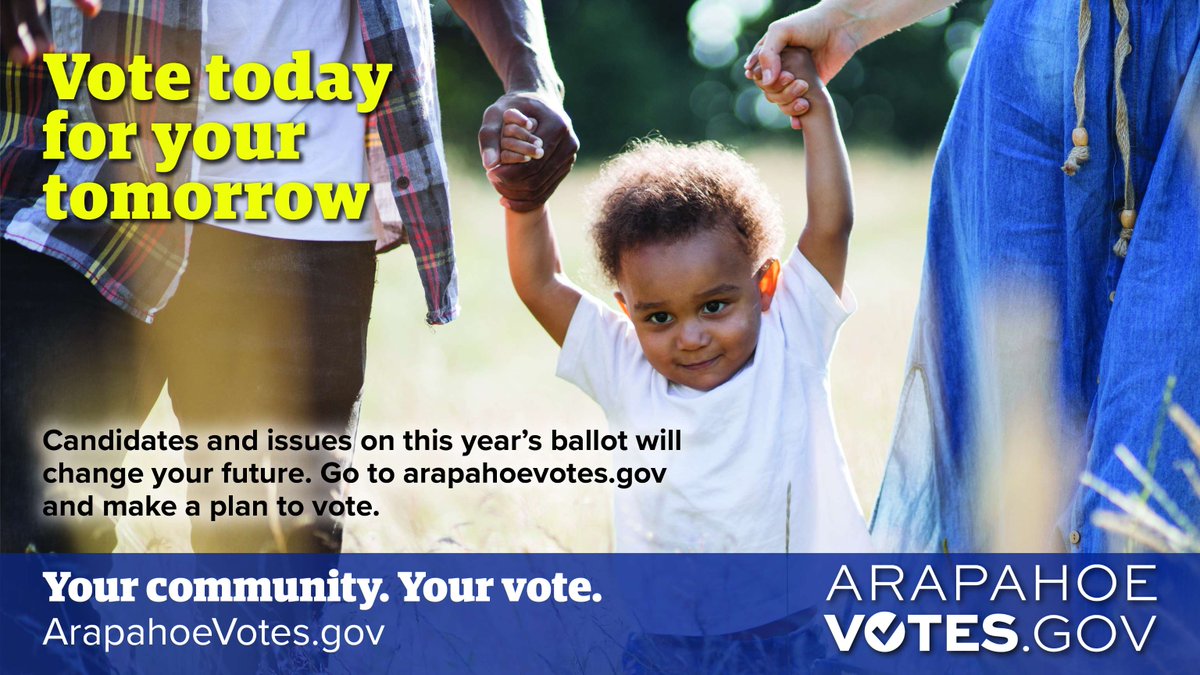 ArapahoeClerk's tweet photo. Important election deadlines are coming Monday, Oct. 27:
*Last day to register/update registration online and get your ballot by mail
*Last day to return a ballot by mail
*Vote centers open: https://t.co/iLITpZpR7r
Don't miss your chance to decide your community's future! https://t.co/RUg4i44XXp