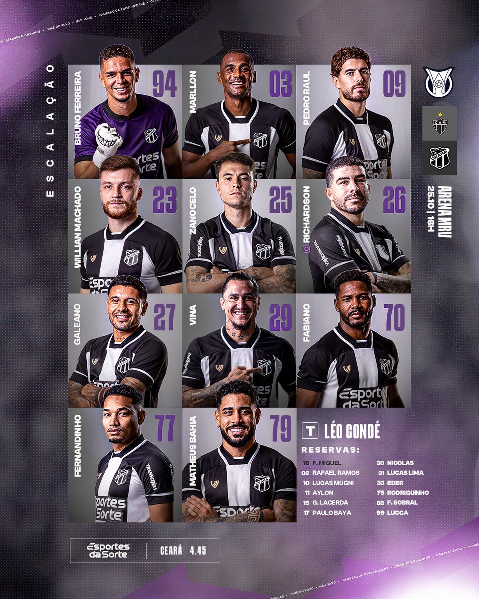 CearaSC's tweet photo. Vozão escalado! 📋⚫️⚪️

#CearáSC #Brasileirão2025 #CAMxCSC https://t.co/TVQRh8nJVh