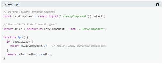 iamanuragsarkar's tweet image. Deferred Imports from TypeScript 5.9

It&apos;s a game-changer for dynamic loading, letting you defer import resolution until runtime without the usual type headaches. Perfect for lazy-loading modules in big apps, reducing bundle sizes.

#TypeScript #javascriptlearning